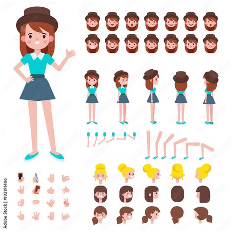 Front, side, back view animated character. Teenager girl character creation set with various ...