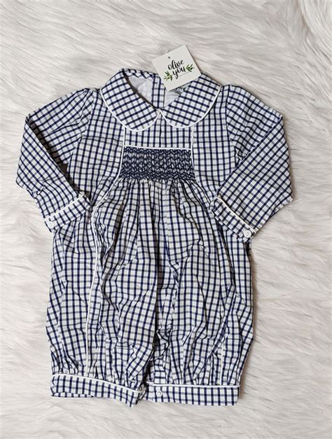 Classic Navy Windowpane Smocked Boys Romper Olive You Kids Clothing