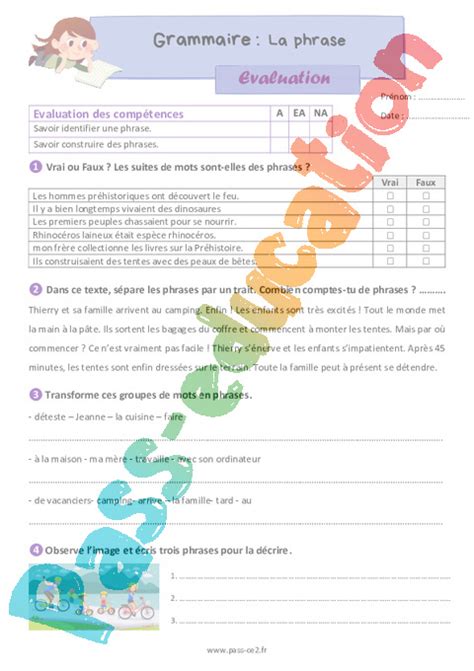 Evaluation La Phrase Cycle Bilan Et Controle Corrig Pdf Imprimer