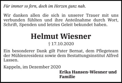 Traueranzeigen Von Helmut Wiesner Sh Z Trauer