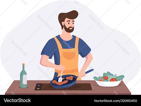 Chef Cooking Dinner At Table In Kitchen Royalty Free Vector