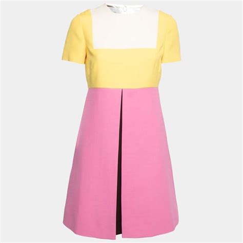 Valentino Pink Color Block Wool And Silk Pleat Detail Short Sleeve Dress