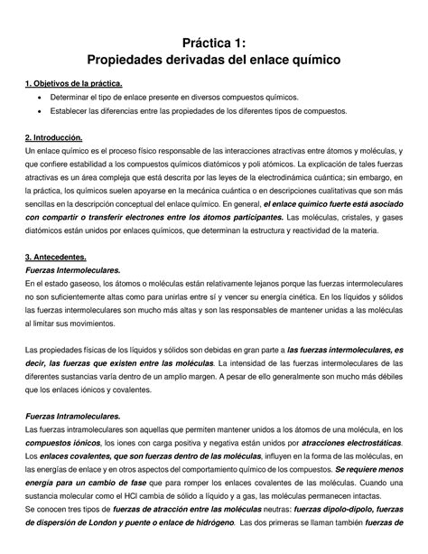 Práctica 1 Propiedades derivadas del enlace químico Objetivos de la