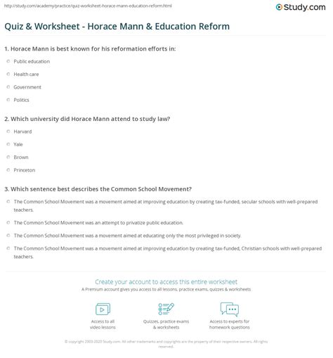 Quiz & Worksheet - Horace Mann & Education Reform | Study.com