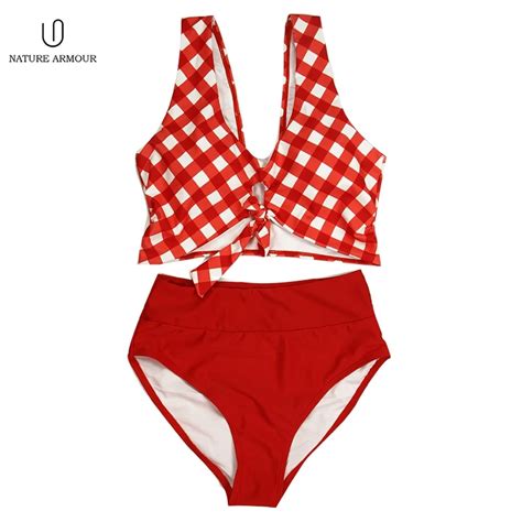 NATURE ARMOUR 2018 NEW High Waist Print Bikini Lace Up Bow Swimsuit