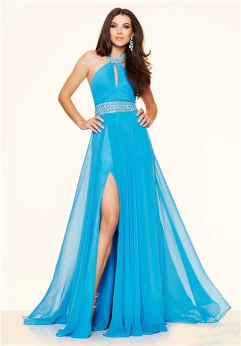 Sexy Halter Keyhole Cut Out Slit Long Sky Blue Chiffon Beaded Prom Dress