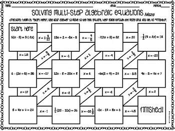 Solving Multi Step Equations With Variables On Both Sides Maze Worksheet