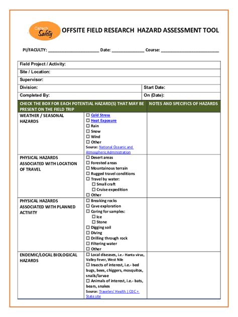 Fillable Online Safety Caltech Field Work Risk Assessment Tool Word