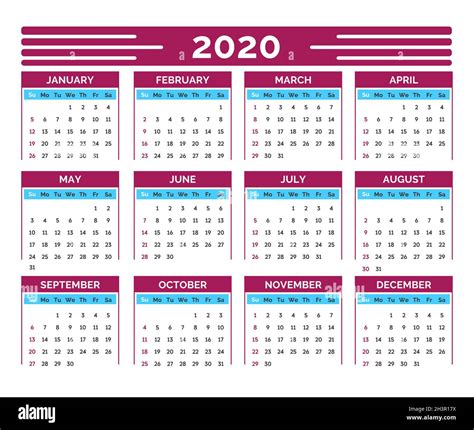 Calendar Grid 2020 New Year Organizer And Wall Business Planner Stock