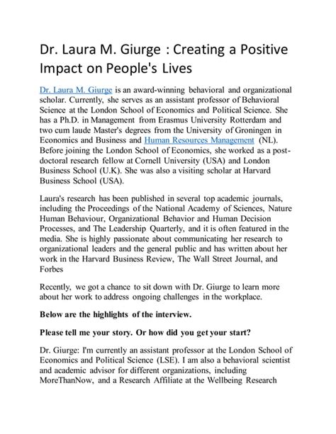 Dr Laura M Giurge Creating A Positive Impact On People S Lives PDF