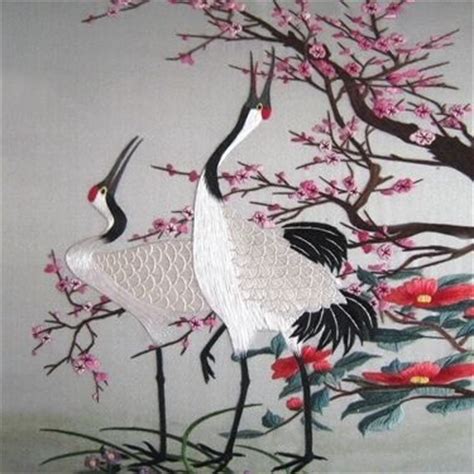 Beautiful Handmade Silk Embroidery Art Pair Of Emperor Cranes Under A