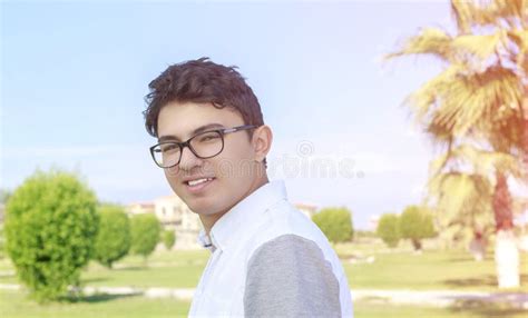 Young Handsome Man With Great Smile Wearing Fashion Eyeglasses A Stock