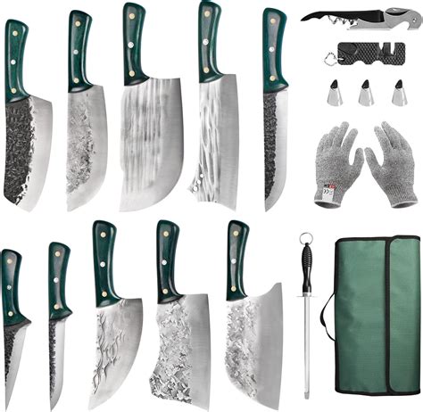 Amazon FULLHI Portable 16pcs Butcher Knife Set Green Woodhandle