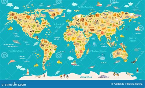 Animal Map for Kid. World Vector Poster for Children, Cute Illustrated ...