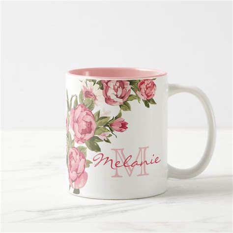 Vintage Blush Pink Roses Peonies Name Monogram Two Tone Coffee Mug