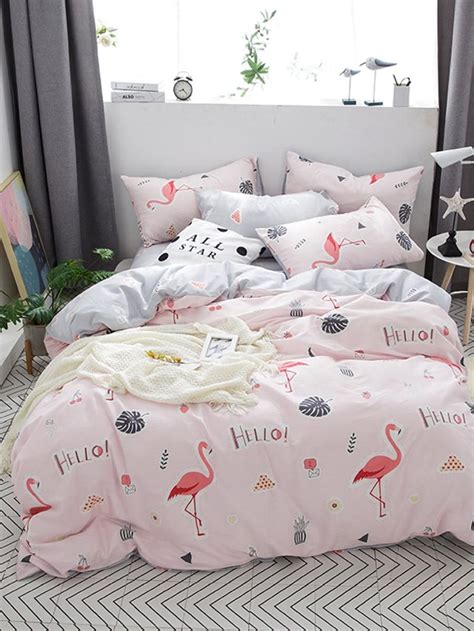 Flamingos And Letter Print Sheet Set Shein Sheinside Room Design