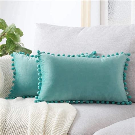 Accents Luxury Home Turquoise Soft Velvet Pom Pom Trim Lumbar Throw