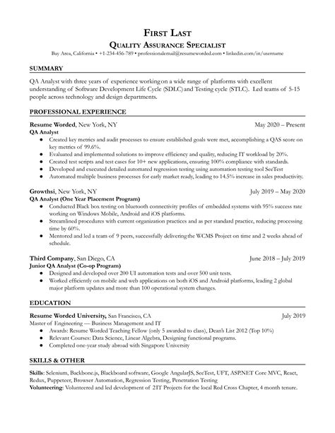 Entry Level Qa Quality Assurance Tester Resume Examples For 2025 Resume Worded