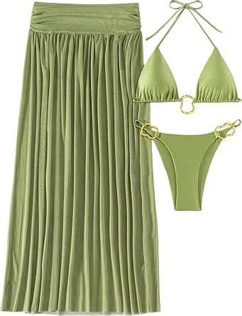 Amazon GORGLITTER Women S 3 Piece Swimsuit Metal Ring Triangle Halter Bikini Set With Long