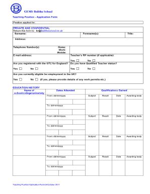 Fillable Online Application Form Teacher 2014 GEMS Education Fax