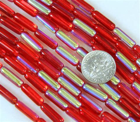 Long Tube Beads 14x4mm Siam Ruby Red W Ab Finish Czech Etsy