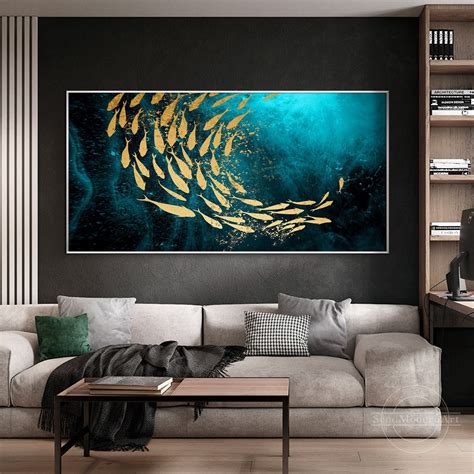 Horizontal Gold Fish Painting Aqua Green Abstract Art Original Painting