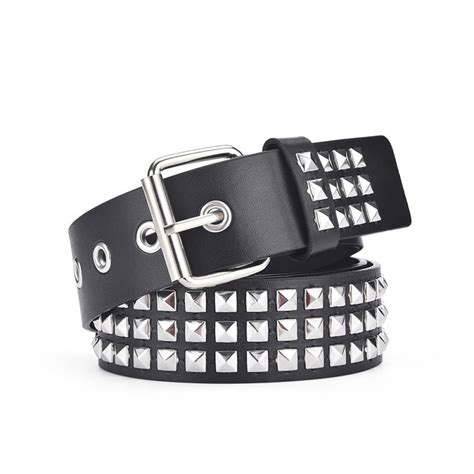 Wish Studded Belt 3 Row Metal Pyramid Square Beads Punk Leather Belt