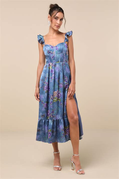 Blue Bustier Dress Floral Bustier Dress Slit Midi Dress Lulus