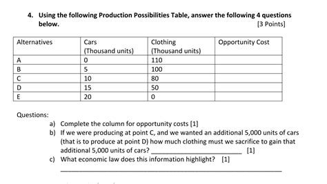 Solved 4 Using The Following Production Possibilities