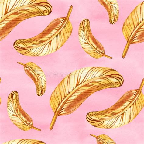 Watercolor Seamless Pattern With Gold Feathers Texture For Wedding