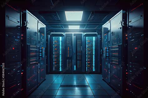 3d Rendering Of A Modern High Tech Server Room With Powerful Database