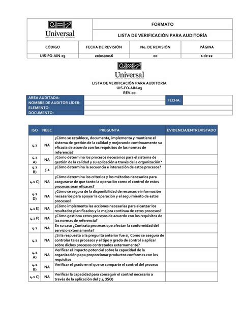 PDF FORMATO LISTA DE VERIFICACIÓN PARA AUDITORÍAunidc dtos iso