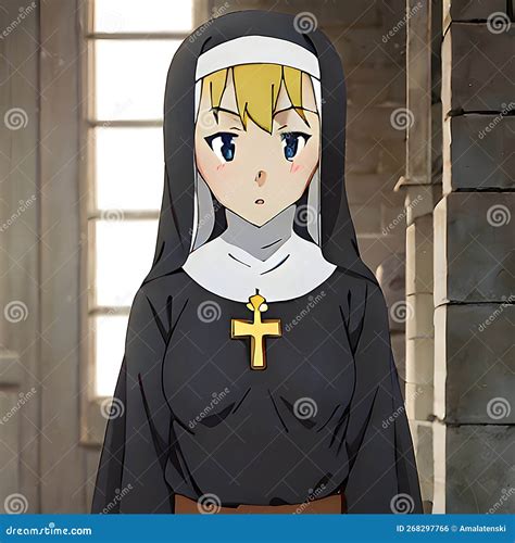 Shy Anime Manga Girl In A Nun Outfit Standing In A Monastery