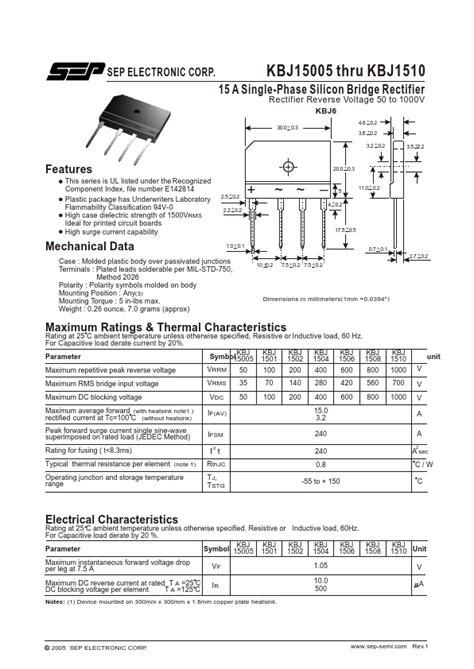 KBJ1510 Datasheet 15A Single Phase Silicon Bridge Rectifier