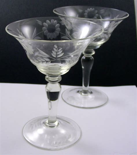 Two Vintage Crystal Etched Martini Glasses By Zeldascottage