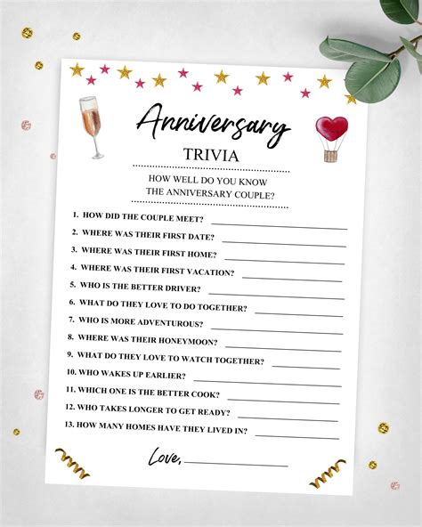 Anniversary Trivia Party Keepsake Game Th Th Th Etsy In