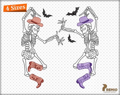 Dancing Skeletons Embroidery Design Halloween Howdy Cowboy Skeleton