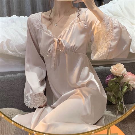 Women Satin Nightdress Sleepwear Lady Lace Trim Nightgown Faux Silk Pajamas Ebay