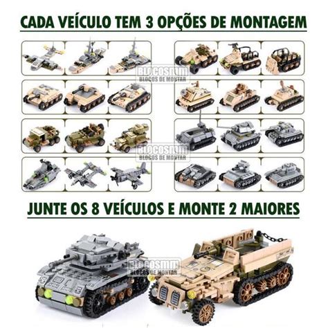 Kit Exército 8x Bonecos Veículos Blocos de Montar Helicóptero Avião