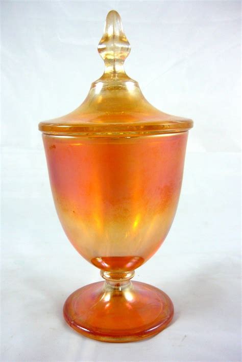 Fenton Carnival Glass Iridescent Marigold Lidded Pedestal Compote Candy Dish Ebay Antique