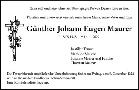 Traueranzeigen von Günther Johann Eugen Maurer vrm trauer de