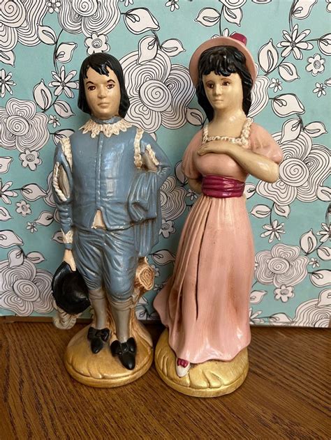 Vintage Set Ceramic Figurines Victorian Blue Boy Pinky Girl Blue And Pink