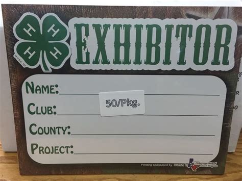 4 H Exhibitor Sign Card Stall Sign Pkg Of 50 4 H Ideas