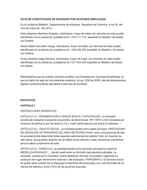 Acta De Constituci N De Sas Alma Acta De Constituci N De Sociedad Por