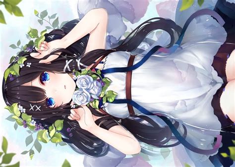 Ao No Neko Aqua Eyes Black Hair Dress Flowers Leaves Long Hair Original