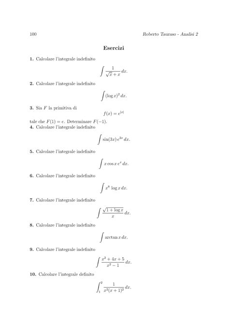 Esercizi Calcolo Integrale Testo 100 Roberto Tauraso Analisi 2