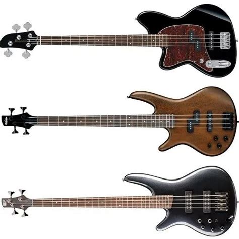 three bass guitars are shown side by side, one is black and the other is brown