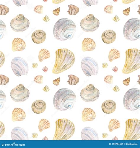 Watercolor Natural Color Seashell Pattern Stock Illustration