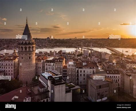 Aerial Evening Shot Of The Galata Tower In Istanbul Turkey Aerial