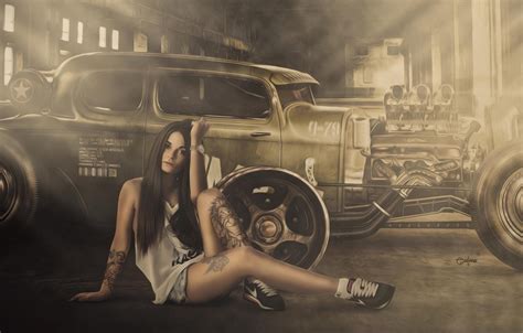 Photo Wallpaper Girl Hot Rod Smoke Wheels Engine Hot Rod Girl Wallpaper Hd X